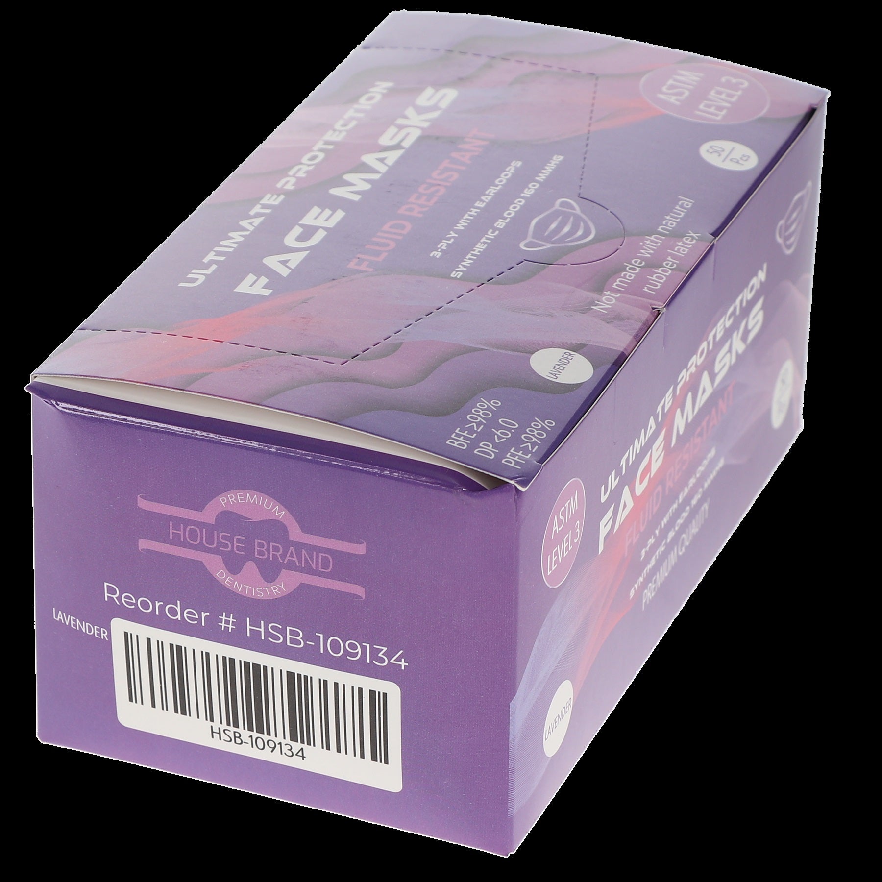 House Brand Dentistry 109134 HSB Earloop Face Masks 3-Ply ASTM Level 3 Lavender 50/Bx House Brand Dentistry 109134 HSB Earloop Face Masks 3-Ply ASTM Level 3 Lavender 50/Bx